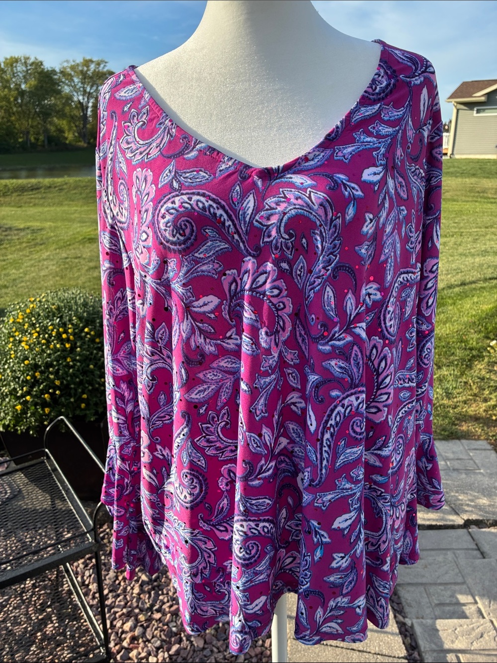 Emily Daniels V-Neck Bell Sleeve Blouse - Magenta Paisley 1X